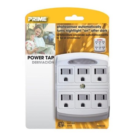 Prime Prime PB801105 6 Outlet White Power Tap with Photocell Nightlight & Cover PB801105